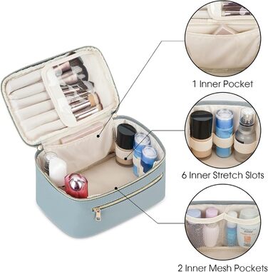 Косметичка для жінок, велика дорожня косметичка для макіяжу з відділенням для пензлів, органайзер, культурочка, з PU-шкіри, переносний мішечок для макіяжу, сіро-блакитний (патентний номер)