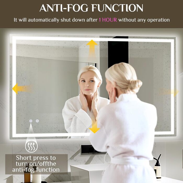 Дзеркало для ванної кімнати Clevich з підсвічуванням 70x50 см, LED, 3 кольори світла, регулювання яскравості, захисне скло, сенсорне керування, функція пам'яті, антизапар, 100x60 см