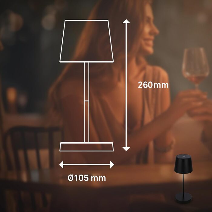LED лампа BRILONER настільна бездротова, диммирувана торшер, USB-C, для дому та кемпінгу, Ø105x260 мм, чорна