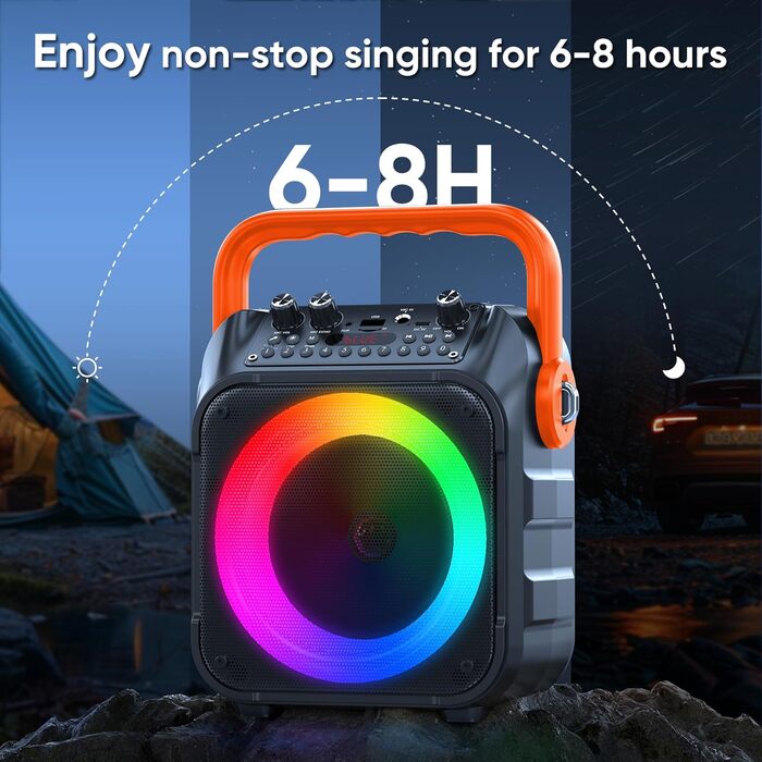 Wowstar Караоке Машина з 2 Бездротовими Мікрофонами, Портативна Bluetooth Колонка з Світловим Ефектом, Підтримка TF/USB, FM, Запис, AUX, TWS для Вечірок, Днів Народження (Помаранчевий)