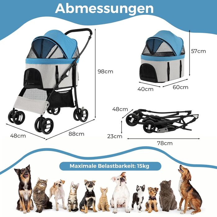 Візок для собак GYMAX 3 в 1, складаний, до 15 кг, з сіткою та регульованим дахом, для собак та котів (Блакитний)