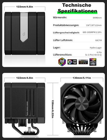 upHere Охолоджувач процесора up2KC8 з RGB підсвічуванням, подвійна вежа, 8 теплових трубок, 120мм вентилятор, сумісний з AMD AM4/AM5 та Intel 2011/2066