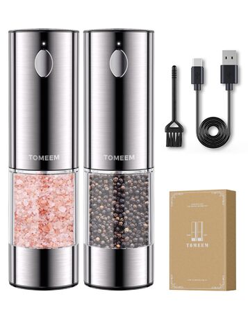 Електричні перечниці та солінки 2 в 1 з нержавіючої сталі, акумуляторні, з LED-підсвічуванням та регульованим керамічним жорном, з щіткою для чищення