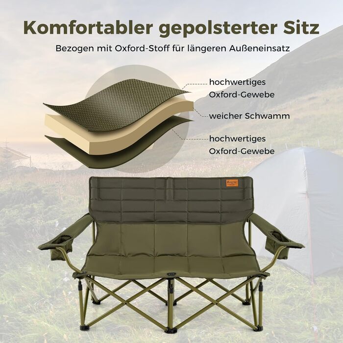 Крісло для кемпінгу на 2 особи Costway, розкладне, з регульованими підлокітниками, тримачами для напоїв та сумкою, вантажопідйомність 272 кг, для відпочинку, риболовлі, пікніків (зелене)
