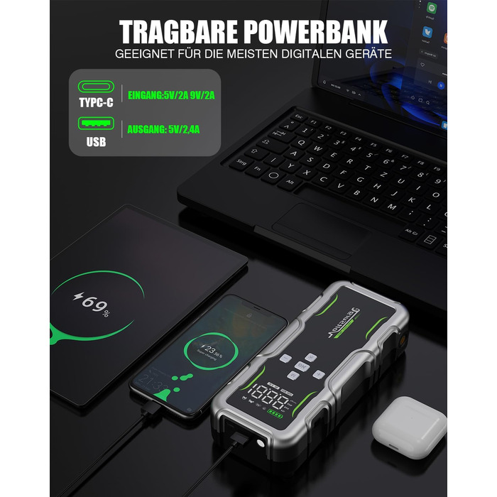 Powerbank VoltSurge 7000A з компресором та функцією запуску двигуна, 160PSI, для автомобілів (бензин та дизель до 10л), 12V, з LED-ліхтариком
