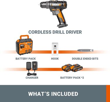 WORX WX100.3 акумуляторний дриль-шуруповерт 18V, PowerShare, 30 Nm, LED, безключовий патрон 10 мм, 2 акумулятори, оранжевий & чорний