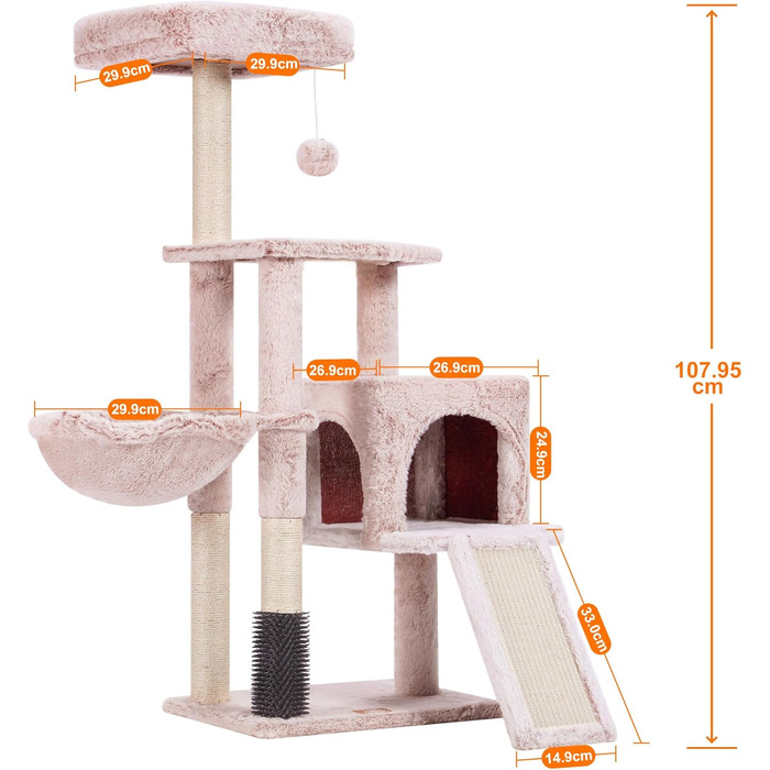 Котячий будиночок Heybly з щіткою для котів, котячий будиночок для домашніх котів з оббитою м'якою стійкою, котячий когтетоп з кошиком, когтеточкою та когтедровом, HCT005SG (коричнево-бежевий)