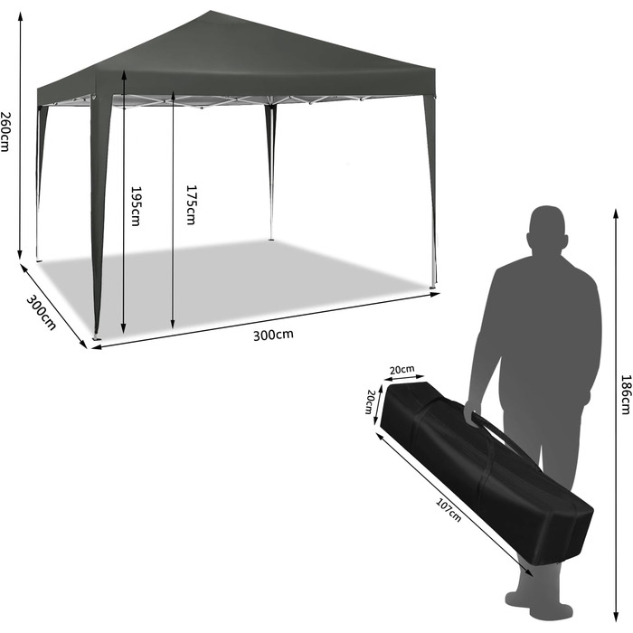 WOLTU Pop-Up Pavilion, Waterproof Folding Pavilion, Sun Shade Event Pavilion, Garden Pavilion for Terrace, Camping, Festival, Pagoda Tent from Oxford Fabric with Metal Frame, 3 x 3 m, PVL0002be (Gray)