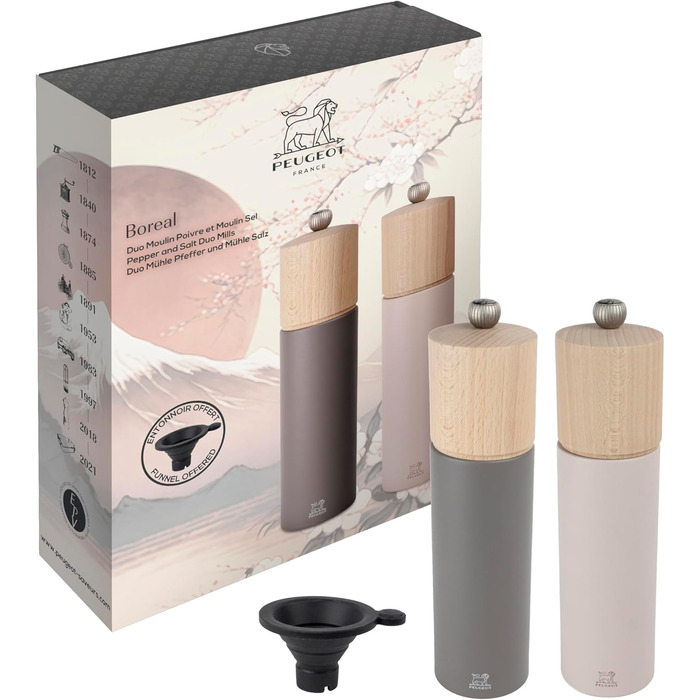 PEUGEOT - Duo Boreal 21 cm Pepper Grinder + Salt Grinder - Stainless Steel Funnel - Classic Setting - PEFC Certified Beechwood - French Know-How - Grey Rock & Pale Pink