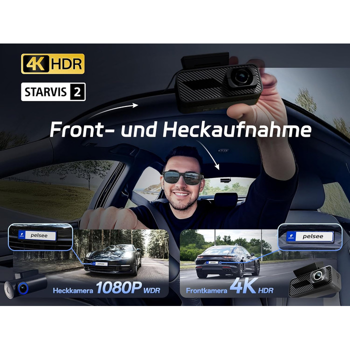 Автомобільний відеореєстратор Pelsee 4K Dashcam (передній та задній) з сенсором STARVIS 2, 3.39'' IPS дисплеєм, 24Гн паркуванням, 5.8GHz WiFi, HDR, WDR, ADAS, GPS та карткою пам'яті 64ГБ