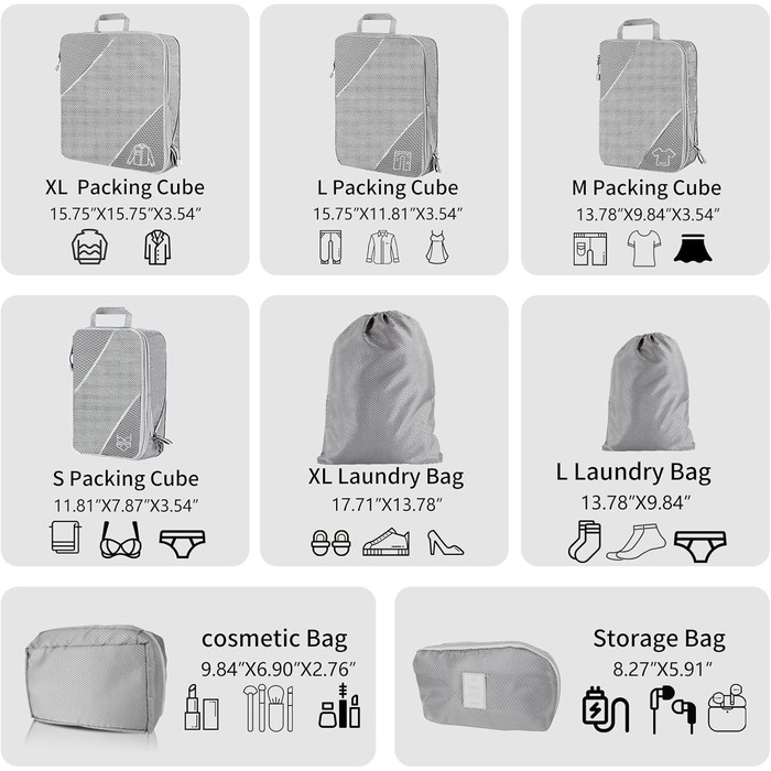 Органайзер для валізи, набір 6 шт. Компресійні кубики для пакування, органайзер для подорожей, сірий (8 шт.)
