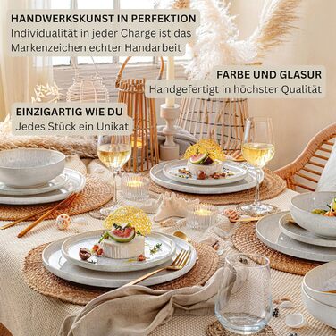 Набір посуду SÄNGER Korfu 24 елементи: сервіз на 8 осіб, керамічний посуд ручної роботи, тарілки (великі, десертні, глибокі), кремовий колір з пісочною текстурою