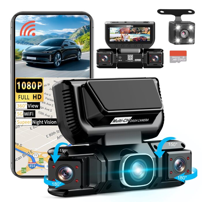 Автомобільний відеореєстратор GEMEK 4K/2K 360° огляду, 4-канальна Dashcam (передня, задня, ліва та права камери), 5G Wi-Fi, керування через додаток, G-сенсор, нічна зйомка, 3.16