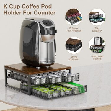 Диспенсер для кавових капсул K-Cup на стійку, дерев'яний органайзер для кави з 3 висувними ящиками (Антик)