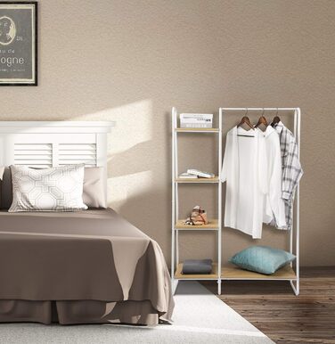 Coat rack, stable wardrobe, clothes rail with 5 shelves, 6 coat hooks, black metal coat rack, free-standing coat stand (white + oak, classic)
