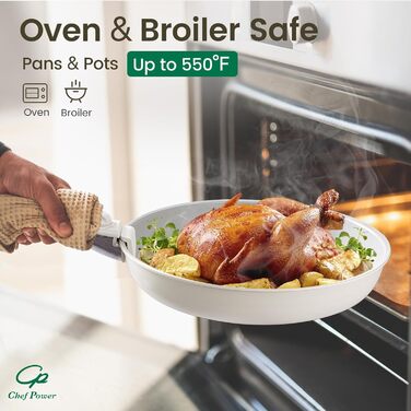Набір посуду Chef Power Keramik 19-ти частинний, з антипригарним покриттям, знімний ручка, для індукційних плит, сумісний з посудомийною машиною, для духовки, набір для дому/кемпінгу, сірий та білий колір