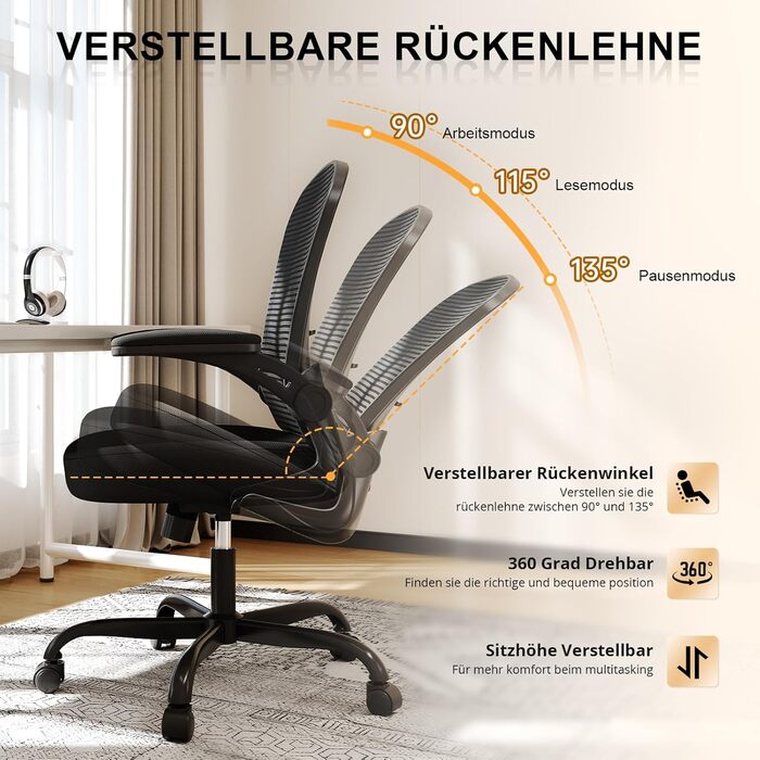 Офісне крісло Synorla: ергономічне, чорне, 150 кг, регульована поперекова підтримка