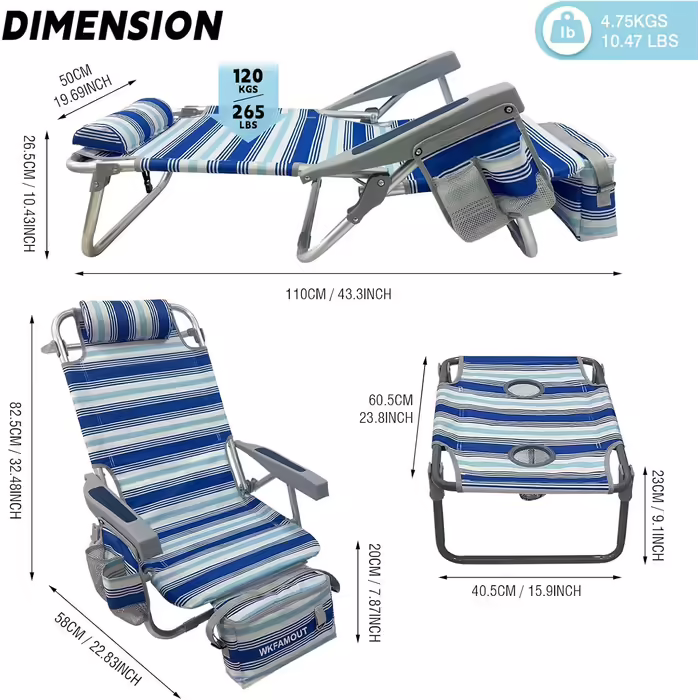 WKFAMOUT Folding Beach Chair with Folding Table, 5 Position Backpack Chair for the Beach, High-Back Camping Chair with Cooler Bag, Adjustable Backrest and Carrier, White, 1 Piece