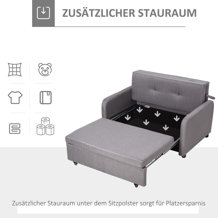 HOMCOM Sleeper Sofa, Sleeper Couch with Storage, Throw Pillows, Armrests, 2-Seater Sofa Bed with Sleeping Function, Linen Look, Upholstered Couch with Wheels for Living Room, Bedroom, Grey | Aosom