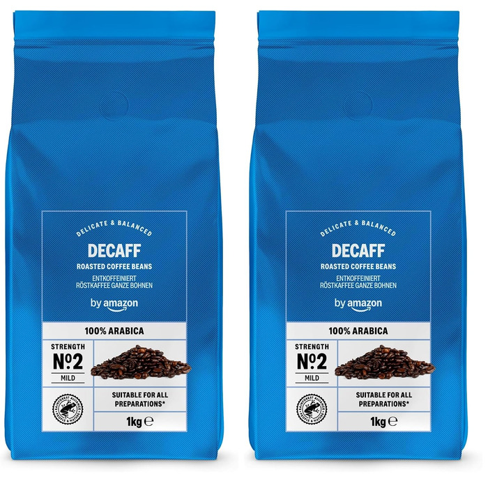 Кава в зернах Amazon Decaf, 100% Арабіка, середній обсмаження, без кофеїну, 2 кг (2 упаковки по 1 кг)