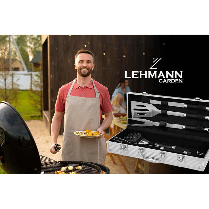Набір гриль-посуду Lehmann з нержавіючої сталі в кейсі | Комплект аксесуарів для гриля з лопаткою, виделкою та щипцями | Ідеальний подарунок для чоловіків та жінок