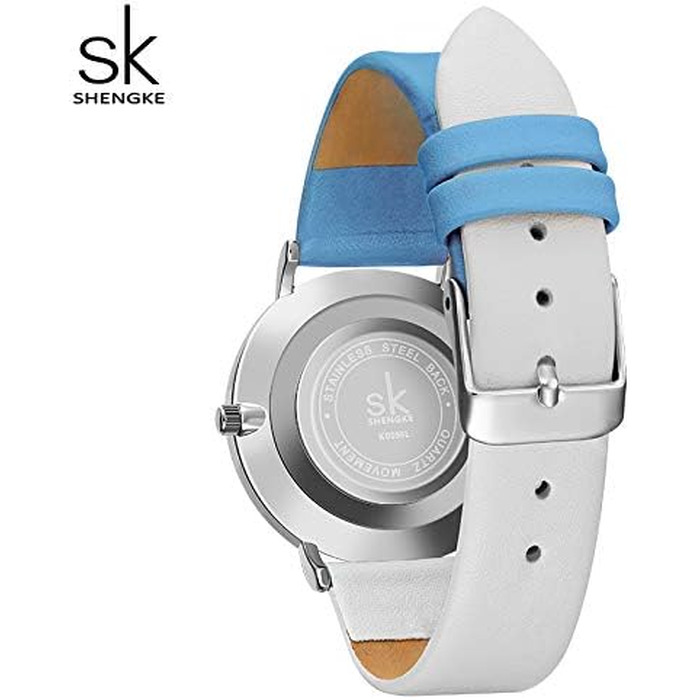 Жіночий наручний годинник SHENGKE K0095 зі шкіряним ремінцем, синій з білим