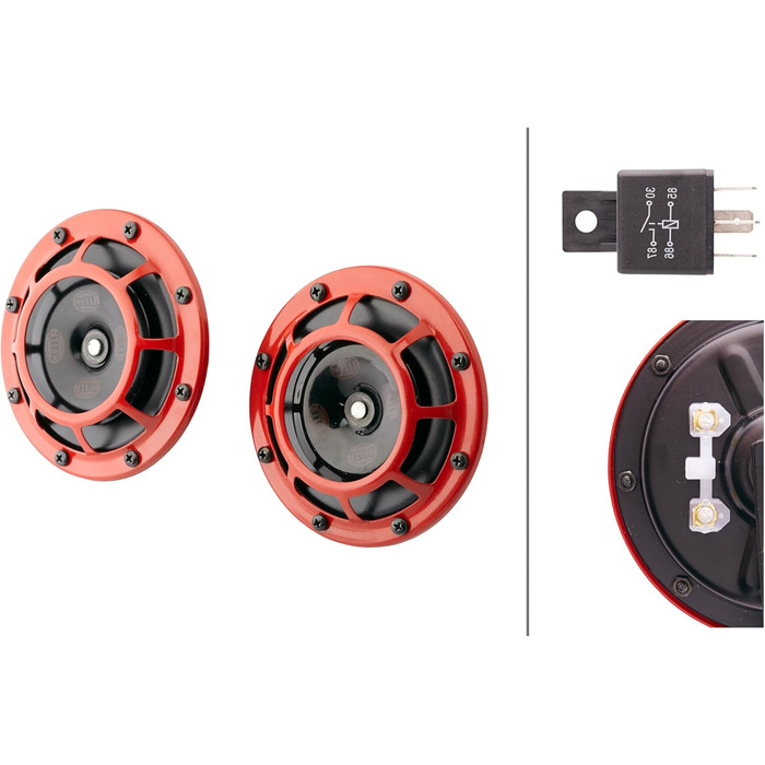 Електричний звуковий сигнал HELLA B133, 12В, 118дБ, 300/500Гц, низький/високий тон, комплект 2 шт., червоний/чорний, плоский роз'єм
