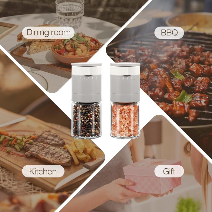 Набір з 2 мельниць для солі та перцю Vucchini з керамічним механізмом, регулювання помелу, сірий та білий колір