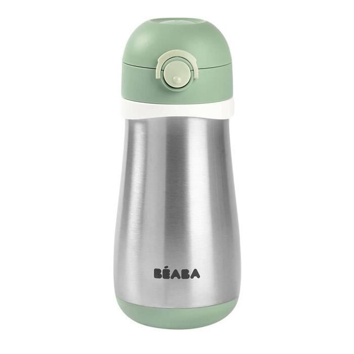 BÉABA Stainless Steel Kids' Water Bottle 2-in-1, Water Bottle/Glass Function, Push-Button for Easy Opening, Stable, Healthy, Detachable Handles, Stainless Steel Cold/Warm Insulation Function, 350ml, Old Pink (Pale Green - 350ml)