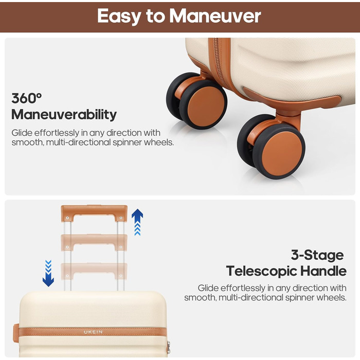 Набір валіз UKEIN 3 шт. з жорсткою PC оболонкою: велика, середня, маленька. Зручний набір валіз для подорожей з TSA замком, спіннерами та рюкзаком для ноутбука. В комплекті: валіза, рюкзак, кульок. Колір: кремовий.