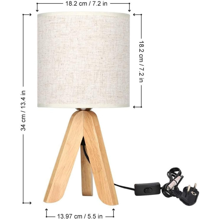 Настільна лампа LIANTRAL 2 шт., Сучасна лампа на ніжці, з абажуром з льону та дерев'яним каркасом, E27, для спальні, вітальні, гуртожитку, кремового кольору