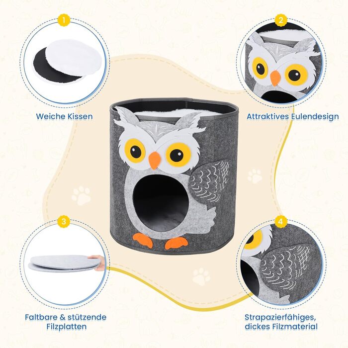 Кігтеточка-будиночок для котів Dripex з 2 поверхів, з фетру, з подушкою, 30x35x35 см (Сова)