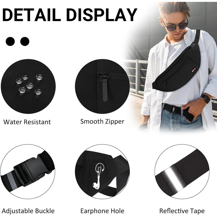 Чоловіча/жіноча поясна сумка MAXTOP: водонепроникна, XL, 4/5 кишень, для активного відпочинку, спорту, подорожей, чорна