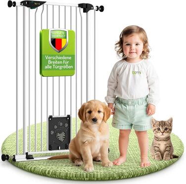 Захист для воріт BOMI Mira | Сітка для воріт з люком для котів | Ідеальний захист для собак, котів та цуценят | Металева сітка для воріт у квартиру, білий колір | Ширина: 73-83 см