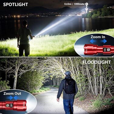 LED ліхтарик Gearlite, 6000 люмен, тактичний, з регулюванням фокусу, 3 режими, водонепроникний IP65, для кемпінгу, риболовлі, туризму, надзвичайних ситуацій (червоний, 1 шт.)