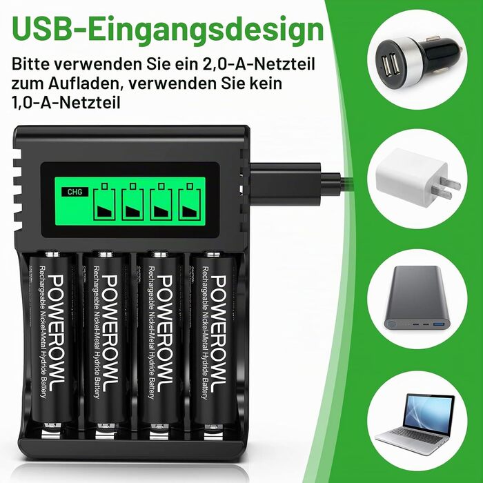 Акумулятори POWEROWL AA Ni-MH 2800mAh (8 шт) + Зарядний пристрій USB на 4 слоти