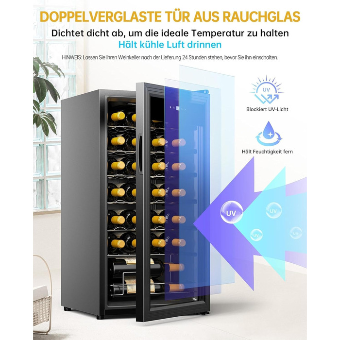 WIE 33 Liter Wine Fridge - 1 Zone Mini Wine Cooler with Glass Door & LED Touch Panel - Anti-UV Wine Storage for 28 Bottles