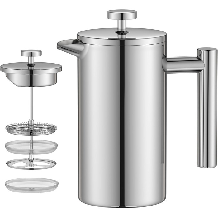 Make a French press coffee machine, 21oz stainless steel French press with a 3-level filtration system, double-walled insulated French press with 3 filters and 1 metal spoon, black