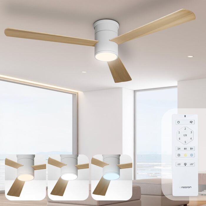 Стеляний вентилятор Noaton® Fornax Weiß з підсвічуванням, діаметр 132 см, DC мотор 40 Вт, регульоване LED-освітлення 22 Вт, 3 колірні температури, пульт дистанційного керування, таймер, повітряний потік до 185 м³/хв (Zoya WL)