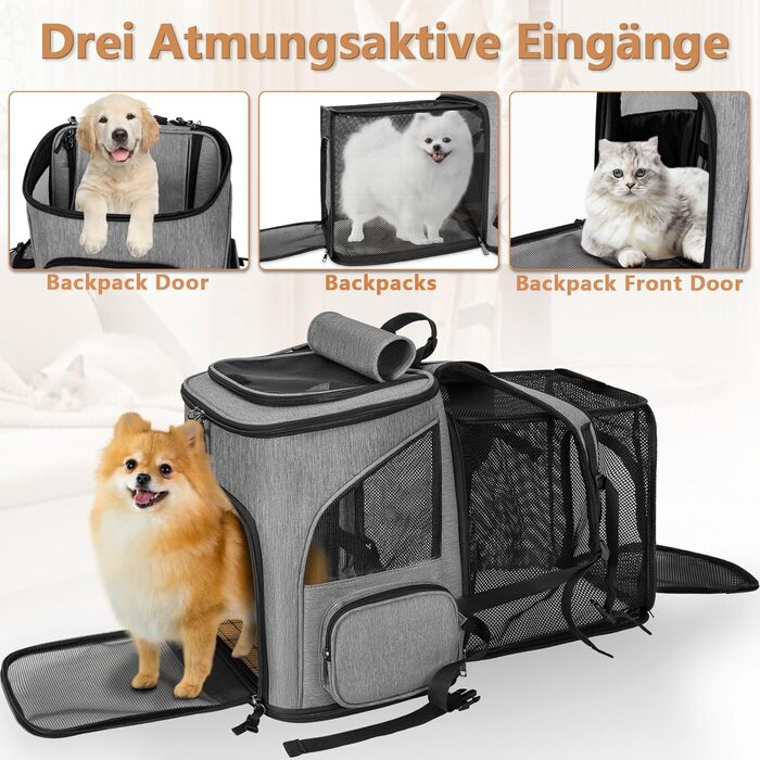 Рюкзак для собак, переноска для тварин, сірий, розширюваний, для собак маленьких порід, вантажопідйомність 10 кг