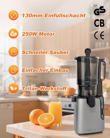Charmline повільно-видавлюючий соковичавник (slow juicer), 130 мм завантажувальний отвір, 1.8 л контейнер для соку, BPA-free, сертифікат GS, легке очищення, переможець тестування для здорових соків