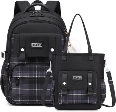 Шкільний рюкзак Tanou для дівчаток-підлітків, великий набір з сумкою через плече, в клітинку, 26л (чорний)