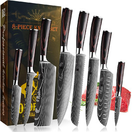 Набір професійних кухонних ножів | Шеф-ніж, Сантоку, хлібний ніж та інші | Нержавіюча сталь з лазерним візерунком, ручки з пакавуду | Подарунковий набір