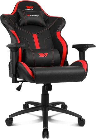 Професійне ігрове крісло DRIFT GAMING DR350 ергономічне, з 4D-підлокітниками, подушками під поперек та шию, нахил 135°, безшумні колеса, чорно-червоне