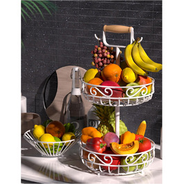 Двоярусний фрутовий кошик Couwilson з підвісною конструкцією для бананів, дерев'яною ручкою та відсіком для овочів. Підходить для зберігання фруктів, овочів, хліба, цибулі та картоплі.