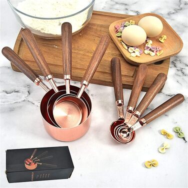 Measuring spoons, measuring spoons with walnut handle, copper-plated measuring spoons, measuring cup set, kitchen and baking utensils (Color: Gold, Size: Measuring cup, 4 pieces) (Color: Gold, Size: Measuring cup, 4 pieces)