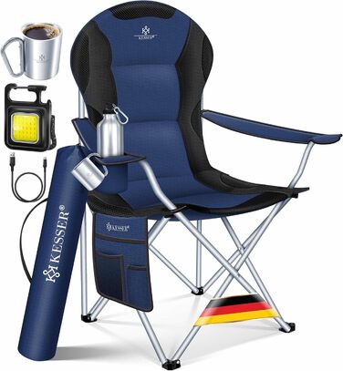Крісло для кемпінгу KESSER® розкладне, до 150 кг, для риболовлі, з підлокітниками, високою спинкою, пляшкотримачем, світлом, сумкою та стаканчиком, хакі (темно-синій/чорний)