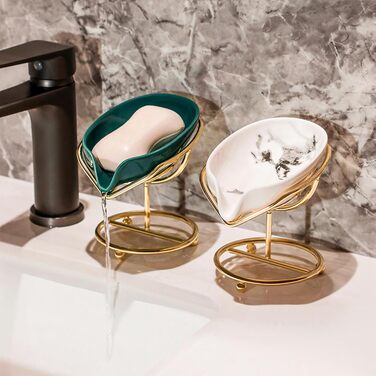 Набір з 2 мисок для мила з отвором, 13,5x8,5 см, кераміка, самостійний злив, у формі листка, білий, зелений