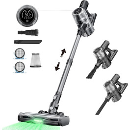 Бездротовий пилосос Proscenic P13: акумуляторний, 45KPa, 550W, 45 хв, з сенсорним екраном, зелене підсвічування, зарядний блок для стіни, анти-намотування, для килимів, твердих поверхонь, автомобіля, шерсті тварин (сірий)