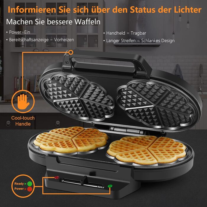 Heart-Shaped Waffle Maker - YASHE SW-2122M - Double Waffle Plates, Non-Stick Coating, Adjustable Temperature, 1200W
